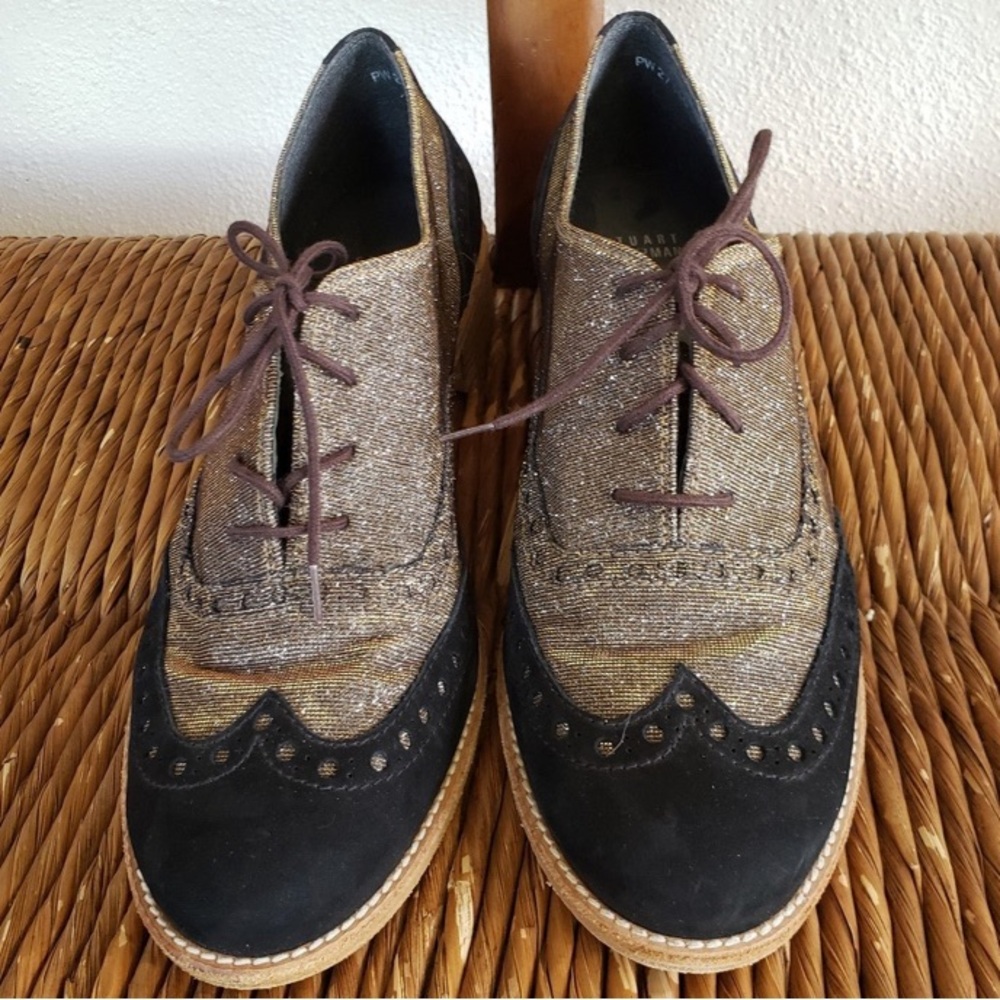 Stuart Weitzman Gold and Black Wingtip Women’s Shoes